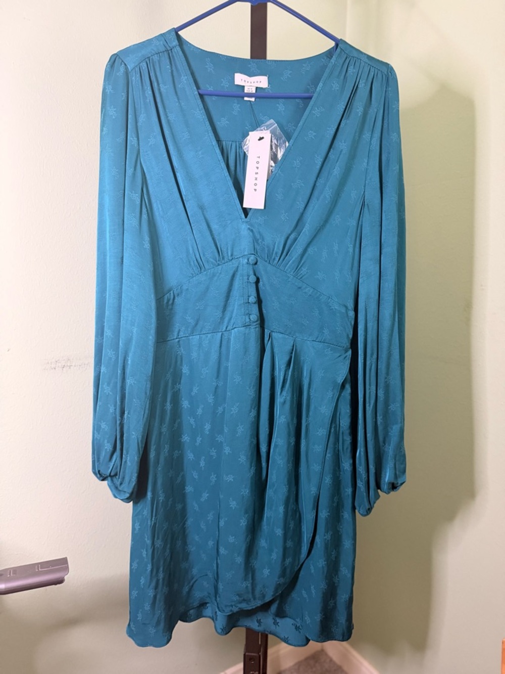 Topshop Teal V-Neck Long Sleeve Button-Waist Dress